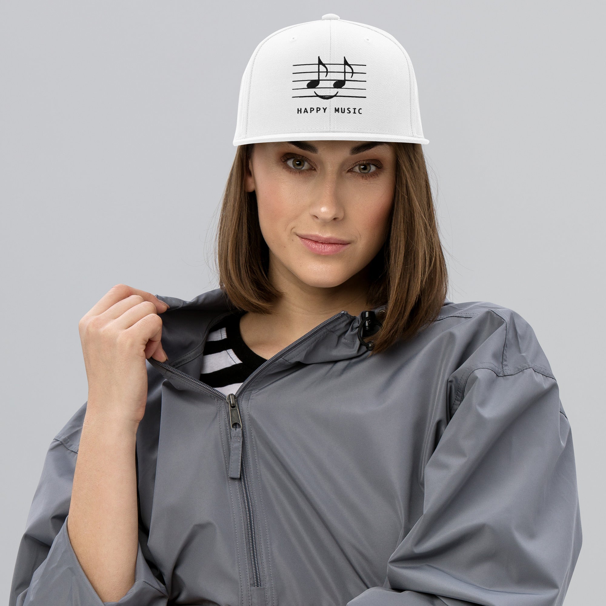 Happy Music Snapback Hat - White, Snapback