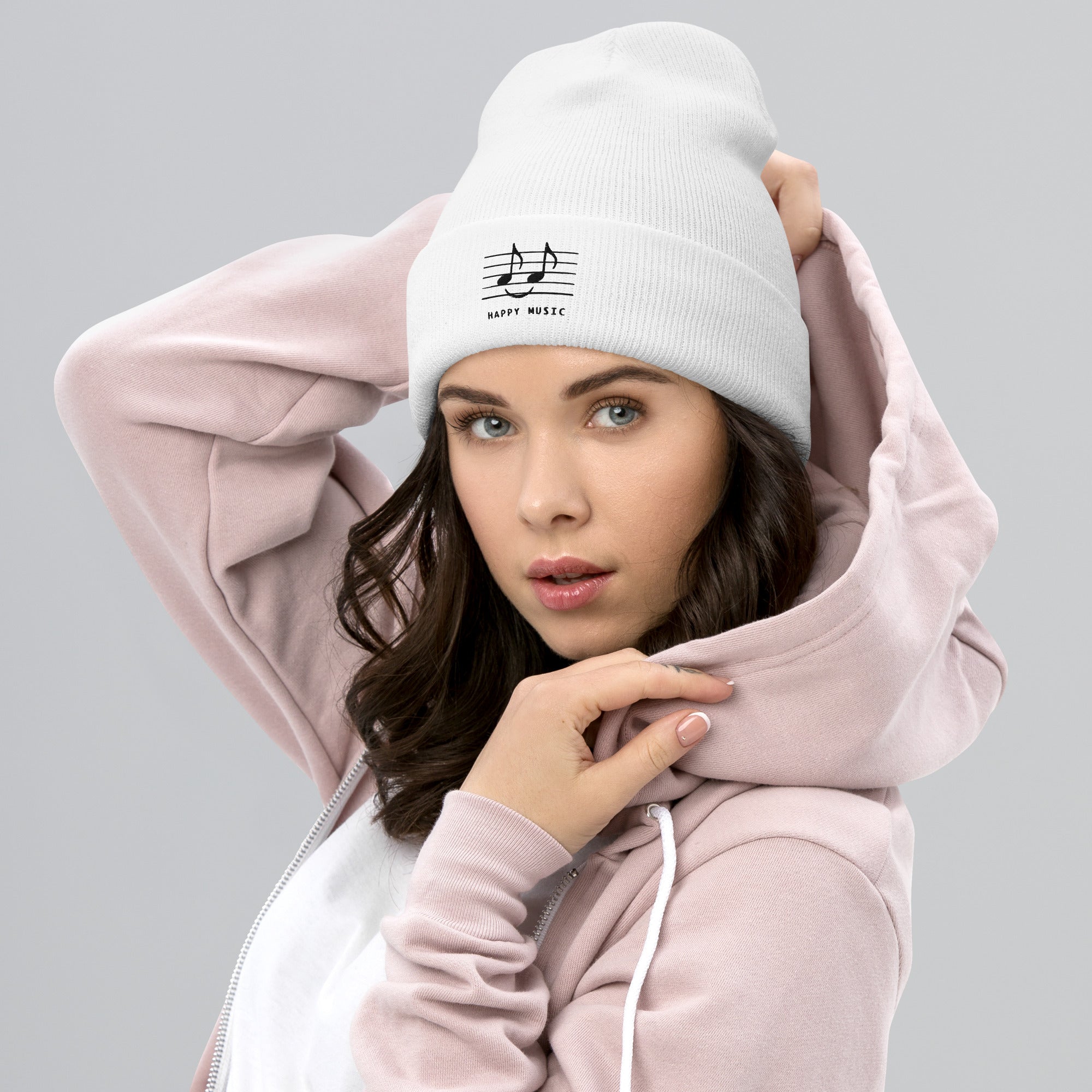 Happy Music Cuffed Beanie White