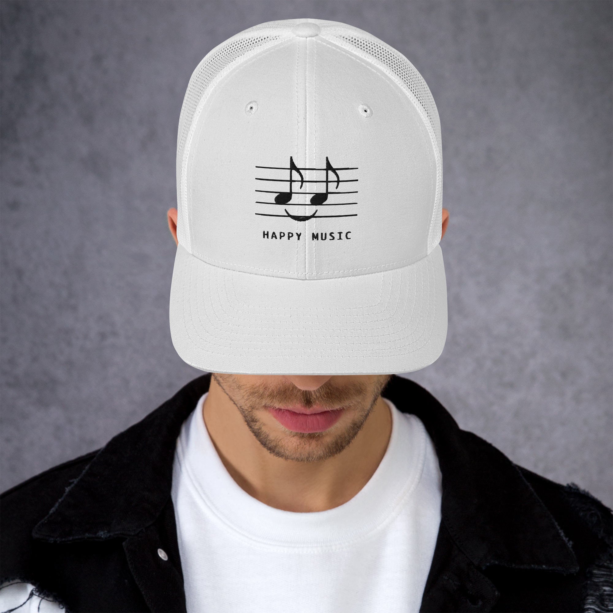Happy Music Hat - White, Trucker Cap